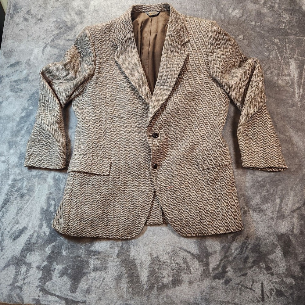 Harris Tweed Sport Coat Mens 40 Brown Wool Herringbone Blazer Made USA VTG